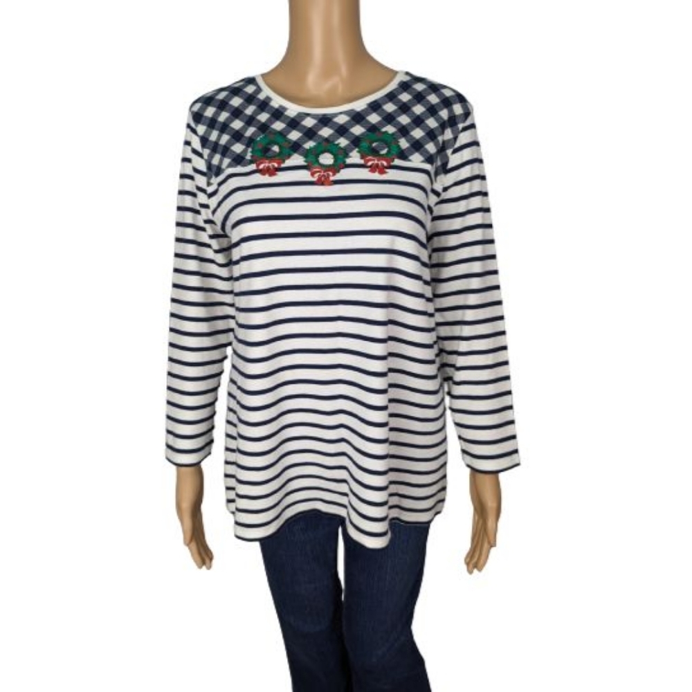 Kim Rogers Navy and White Striped Christmas Wreath Top L